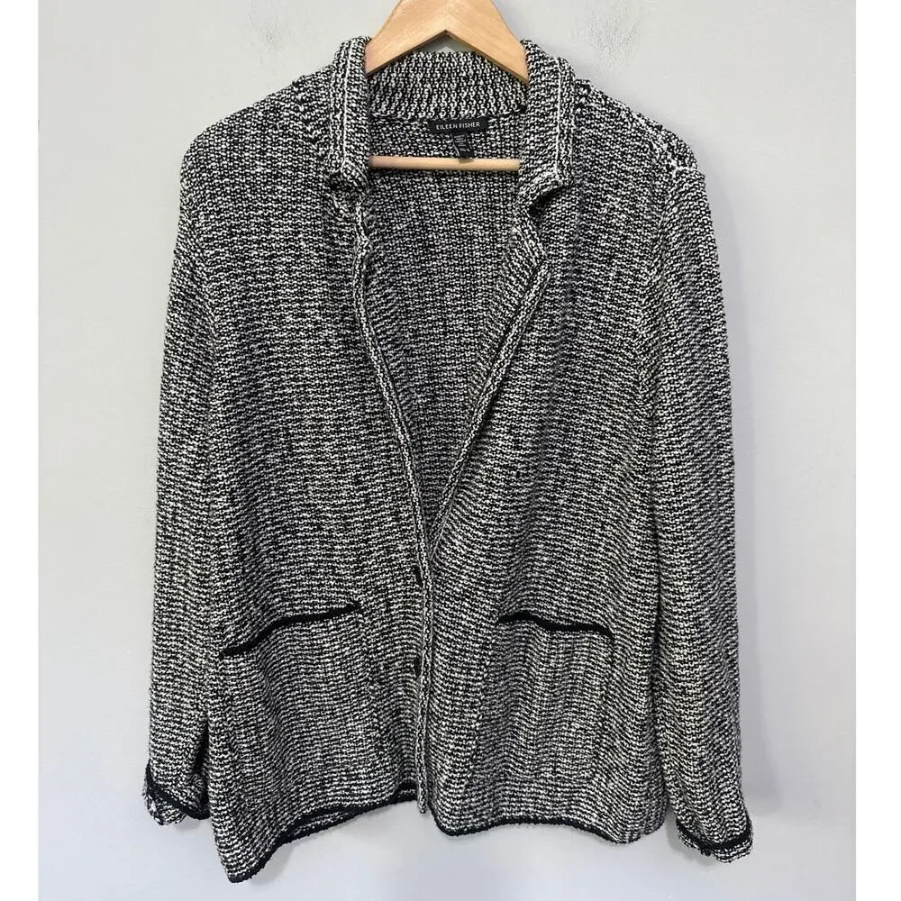 Eileen Fisher Jacket Womens Medium Black White Notch Collar Relaxed Lagenlook